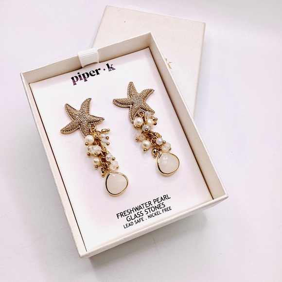 Piper K Gold Starfish Pearl Drop Earrings - Picture 3 of 5